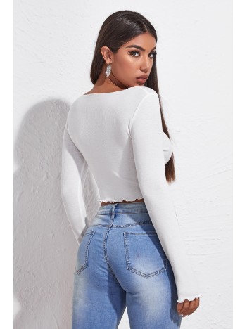 Kadın Beyaz Uzun Kollu Büzdürme Bağcık Detaylı Crop Top Bluz – Şık, Rahat Ve Kolay Kombinlenebilir