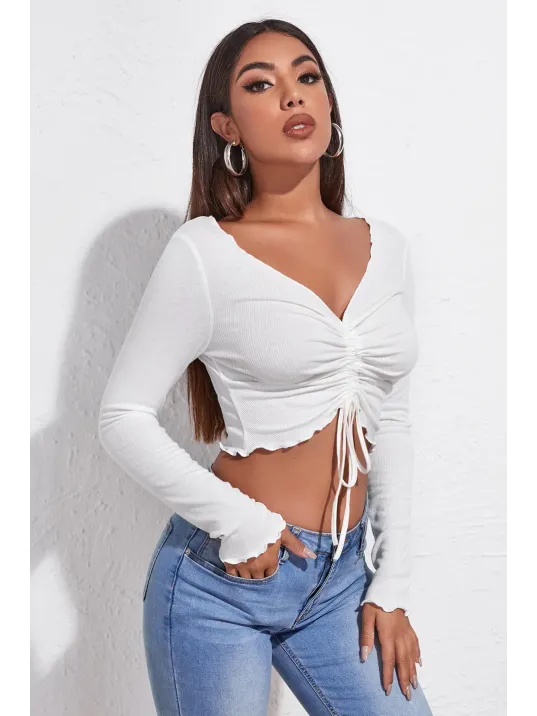 Kadın Beyaz Uzun Kollu Büzdürme Bağcık Detaylı Crop Top Bluz – Şık, Rahat Ve Kolay Kombinlenebilir