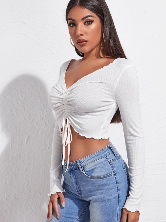 Kadın Beyaz Uzun Kollu Büzdürme Bağcık Detaylı Crop Top Bluz – Şık, Rahat Ve Kolay Kombinlenebilir