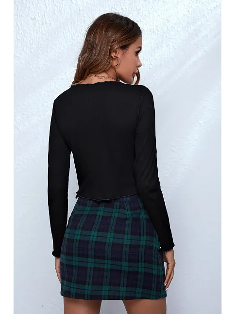Kadın Siyah Uzun Kollu Önden Bağlama Detaylı Crop Top Bluz – Şık, Rahat Ve Kolay Kombinlenebilir
