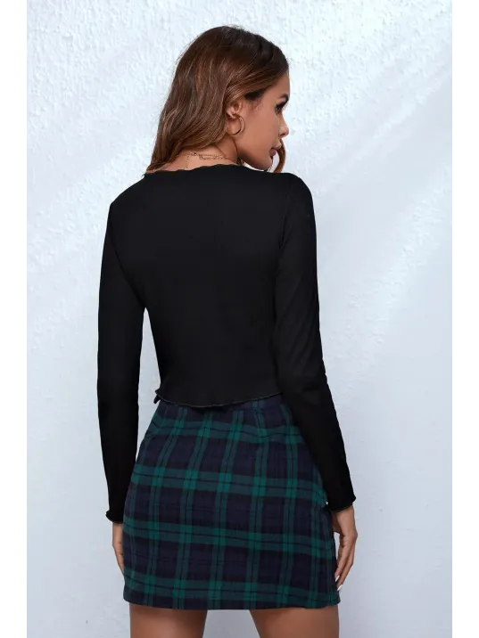 Kadın Siyah Uzun Kollu Önden Bağlama Detaylı Crop Top Bluz – Şık, Rahat Ve Kolay Kombinlenebilir