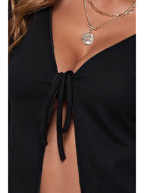 Kadın Siyah Uzun Kollu Önden Bağlama Detaylı Crop Top Bluz – Şık, Rahat Ve Kolay Kombinlenebilir