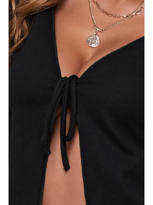 Kadın Siyah Uzun Kollu Önden Bağlama Detaylı Crop Top Bluz – Şık, Rahat Ve Kolay Kombinlenebilir