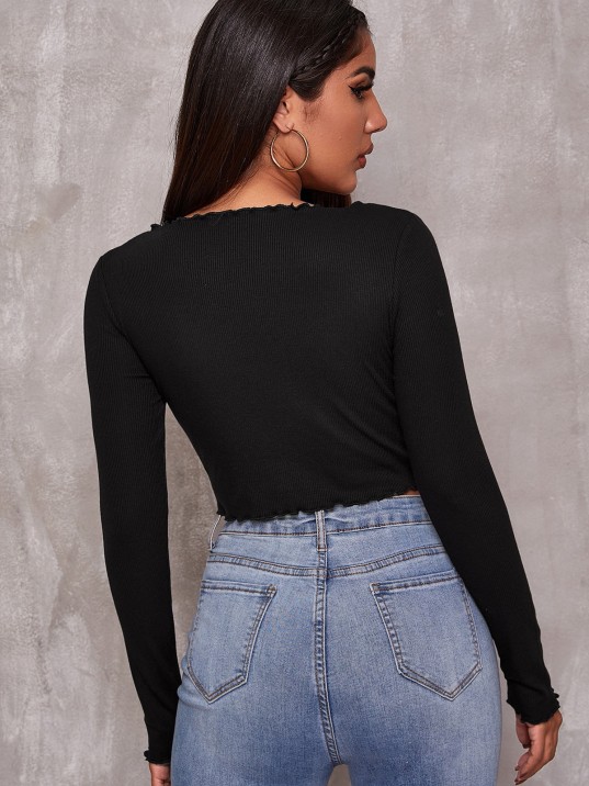 Kadın Siyah Uzun Kollu Büzdürme Bağcık Detaylı Crop Top Bluz – Şık, Rahat Ve Kolay Kombinlenebilir