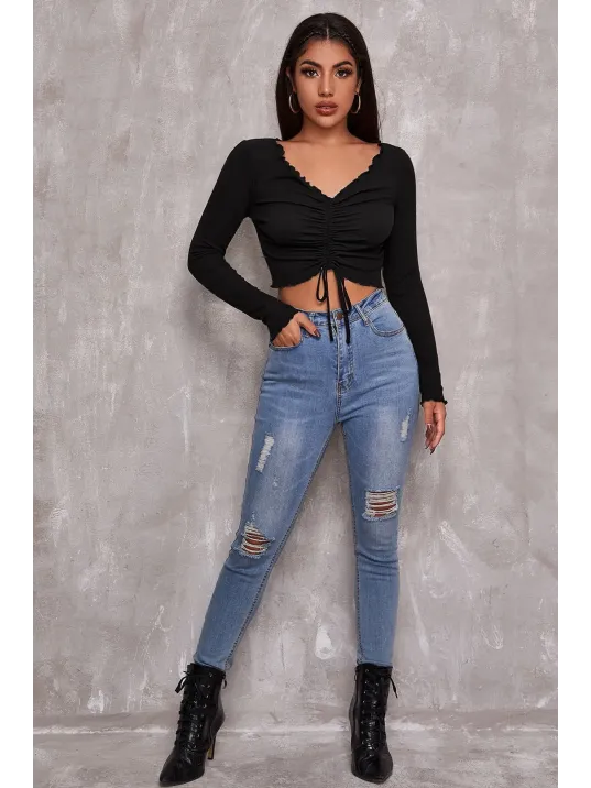 Kadın Siyah Uzun Kollu Büzdürme Bağcık Detaylı Crop Top Bluz – Şık, Rahat Ve Kolay Kombinlenebilir