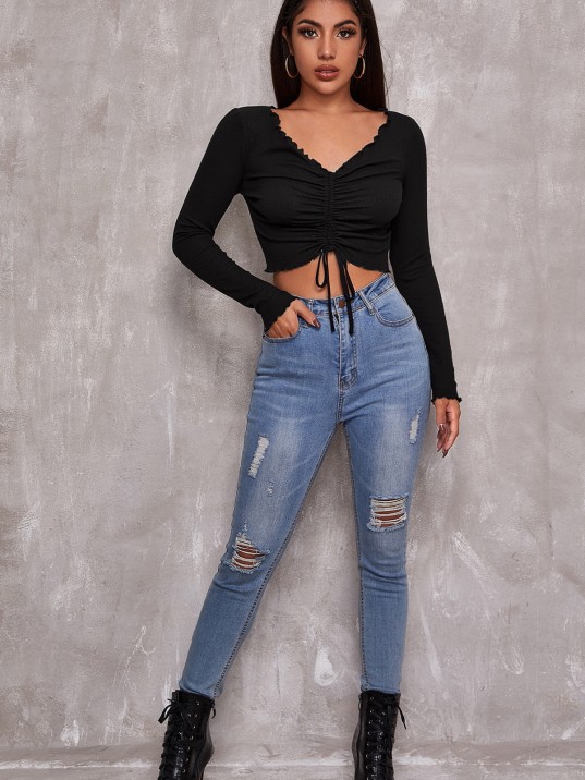 Kadın Siyah Uzun Kollu Büzdürme Bağcık Detaylı Crop Top Bluz – Şık, Rahat Ve Kolay Kombinlenebilir