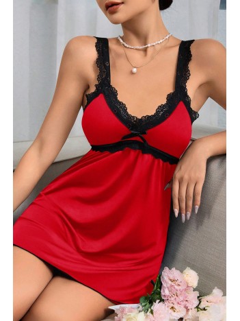 Kadın Kırmızı Dantel Asılı Fiyonk Detaylı Gecelik Takımı – Modern, Konforlu ve Günlük Kombinlere Uygun