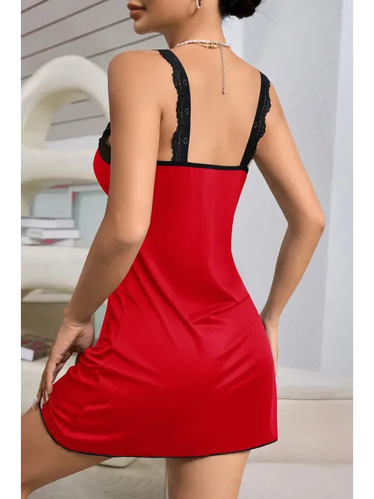 Kadın Kırmızı Dantel Asılı Fiyonk Detaylı Gecelik Takımı – Modern, Konforlu Ve Günlük Kombinlere Uygun