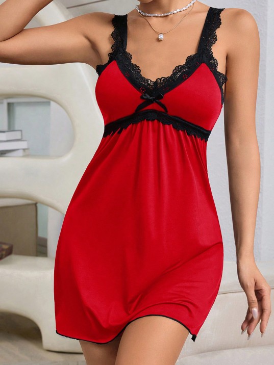 Kadın Kırmızı Dantel Asılı Fiyonk Detaylı Gecelik Takımı – Modern, Konforlu Ve Günlük Kombinlere Uygun