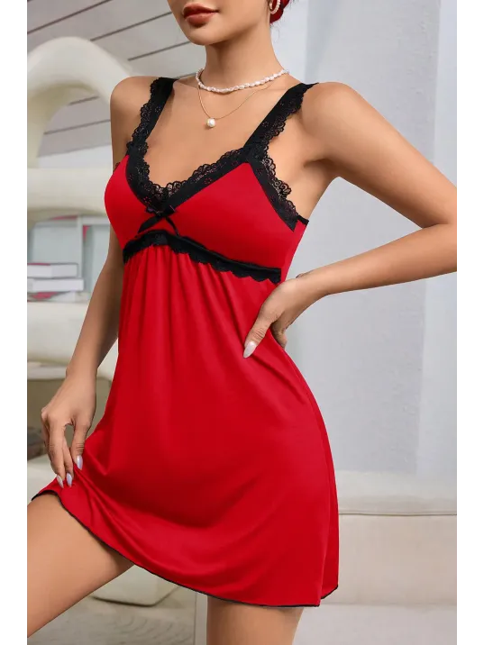 Kadın Kırmızı Dantel Asılı Fiyonk Detaylı Gecelik Takımı – Modern, Konforlu Ve Günlük Kombinlere Uygun