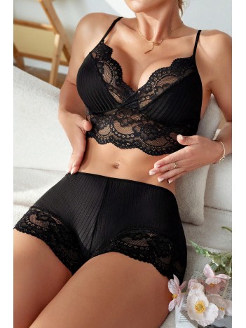 Kadın Siyah Kaşkorse Ve Dantel Detaylı Şortlu Gecelik Takım