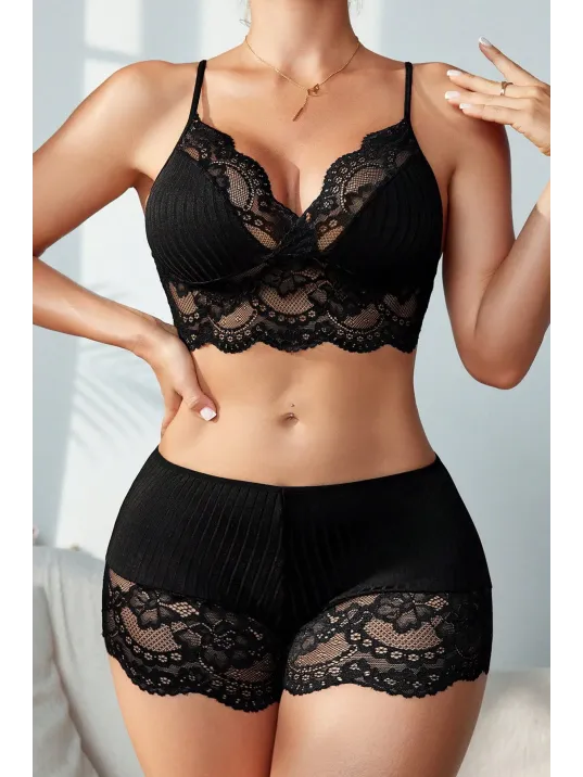 Kadın Siyah Kaşkorse Ve Dantel Detaylı Şortlu Gecelik Takım