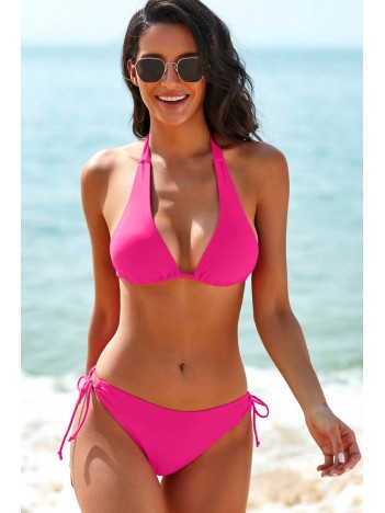 Kadın Fuşya Belden, Boyundan Bağlamalı ve Ayarlanabilir Külotlu Üçgen Bikini Mayo Takımı