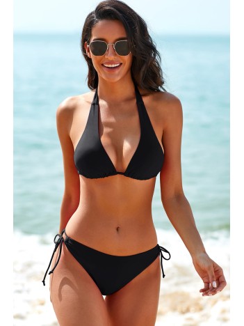 Kadın Siyah Belden, Boyundan Bağlamalı ve Ayarlanabilir Külotlu Üçgen Bikini Mayo Takımı – Modern, Konforlu ve Günlük Kombinlere Uygun