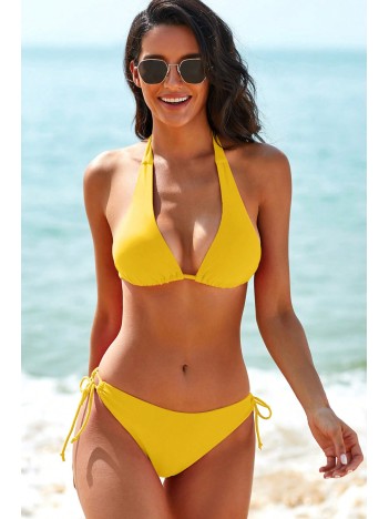 Kadın Sarı Belden, Boyundan Bağlamalı ve Ayarlanabilir Külotlu Üçgen Bikini Mayo Takımı – Modern, Konforlu ve Günlük Kombinlere Uygun