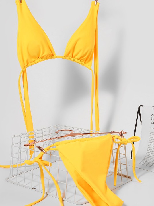 Kadın Sarı Yandan Bağlamalı Tangalı Üçgen Bikini Mayo Takımı – Modern, Konforlu ve Günlük Kombinlere Uygun