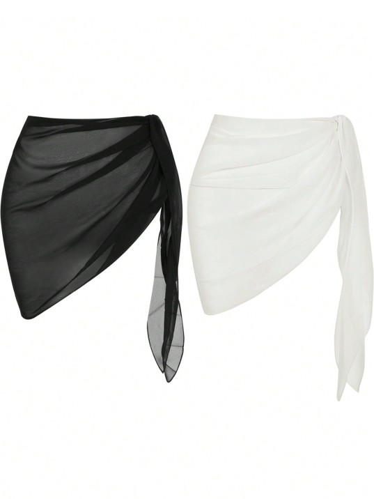 Kadın Siyah Beyaz Transparan Belden Bağlamalı Pareo 2'li – Modern ve Şık Tasarım