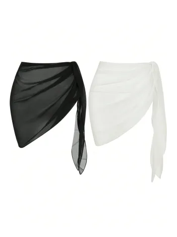 Kadın Siyah Beyaz Transparan Belden Bağlamalı Pareo 2'li – Modern Ve Şık Tasarım