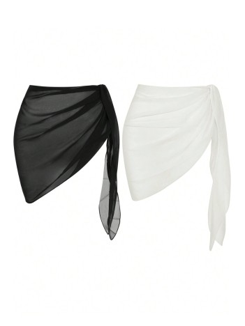 Kadın Siyah Beyaz Transparan Belden Bağlamalı Pareo 2'li – Modern Ve Şık Tasarım