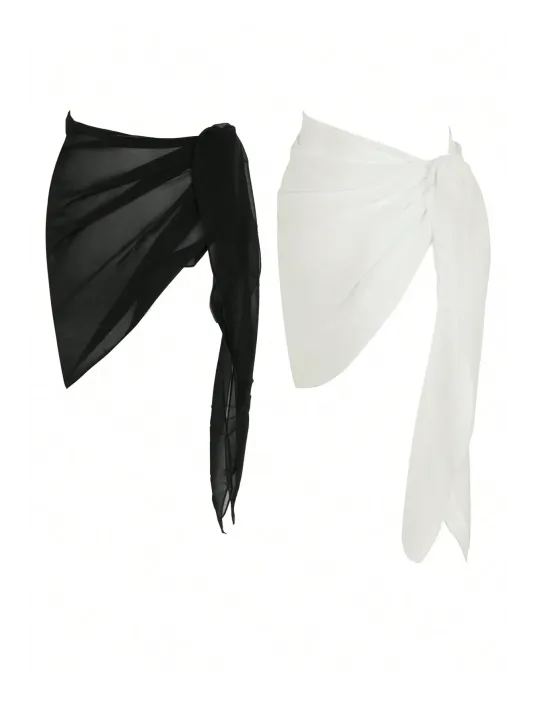 Kadın Siyah Beyaz Transparan Belden Bağlamalı Pareo 2'li – Modern Ve Şık Tasarım