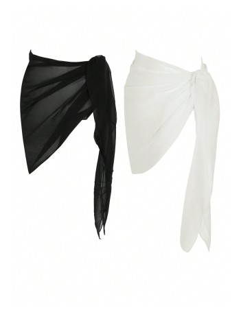 Kadın Siyah Beyaz Transparan Belden Bağlamalı Pareo 2'li – Modern ve Şık Tasarım