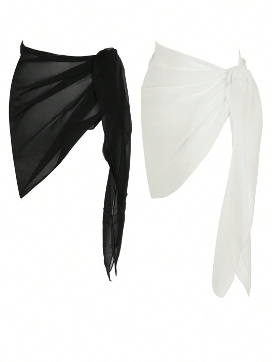 Kadın Siyah Beyaz Transparan Belden Bağlamalı Pareo 2'li – Modern ve Şık Tasarım