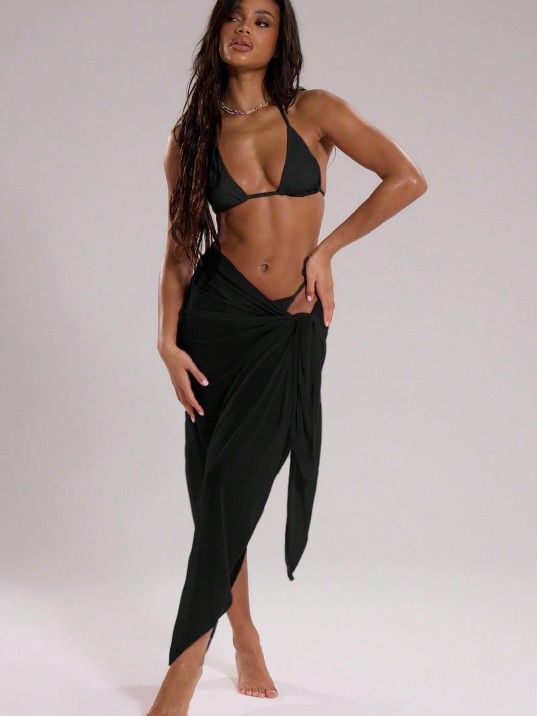 Kadın Siyah Bodrum Stili Bağlama Detaylı 150x75 Pareo – Modern ve Şık Tasarım