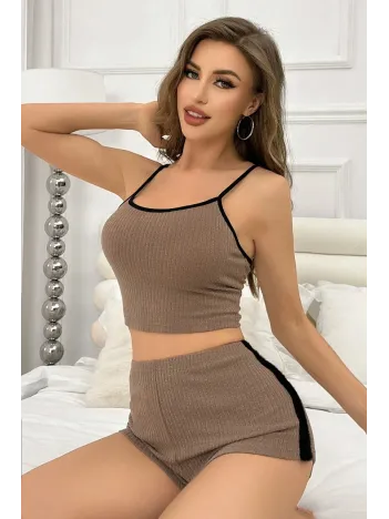 Kadın Kahverengi Siyah Detaylı Şortlu Crop Top Gecelik – Modern Ve Şık Tasarım