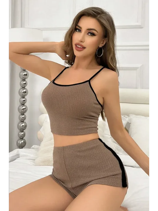 Kadın Kahverengi Siyah Detaylı Şortlu Crop Top Gecelik – Modern Ve Şık Tasarım