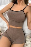 Kadın Kahverengi Siyah Detaylı Şortlu Crop Top Gecelik – Modern Ve Şık Tasarım