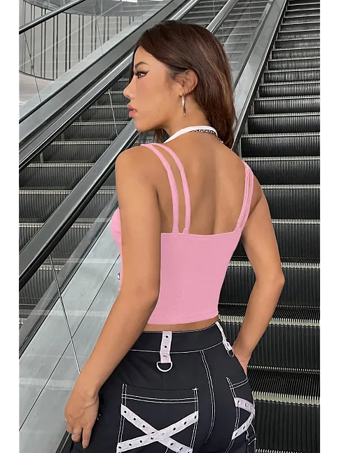 Kadın Pembe Beyaz Çift Renk Çapraz Askılı Crop Top Bluz – Şık, Rahat Ve Kolay Kombinlenebilir