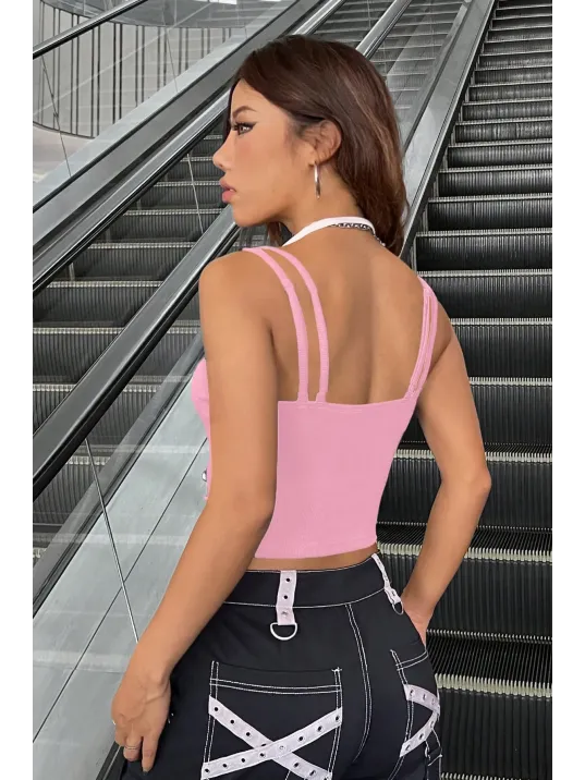 Kadın Pembe Beyaz Çift Renk Çapraz Askılı Crop Top Bluz – Şık, Rahat Ve Kolay Kombinlenebilir