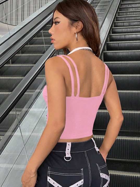 Kadın Pembe Beyaz Çift Renk Çapraz Askılı Crop Top Bluz – Şık, Rahat ve Kolay Kombinlenebilir
