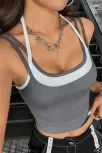 Kadın Antrasit Gri Beyaz Çift Renk Çapraz Askılı Crop Top Bluz – Şık, Rahat Ve Kolay Kombinlenebilir