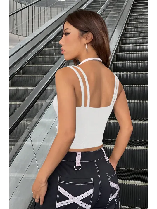 Kadın Siyah Beyaz Çift Renk Çapraz Askılı Crop Top Bluz