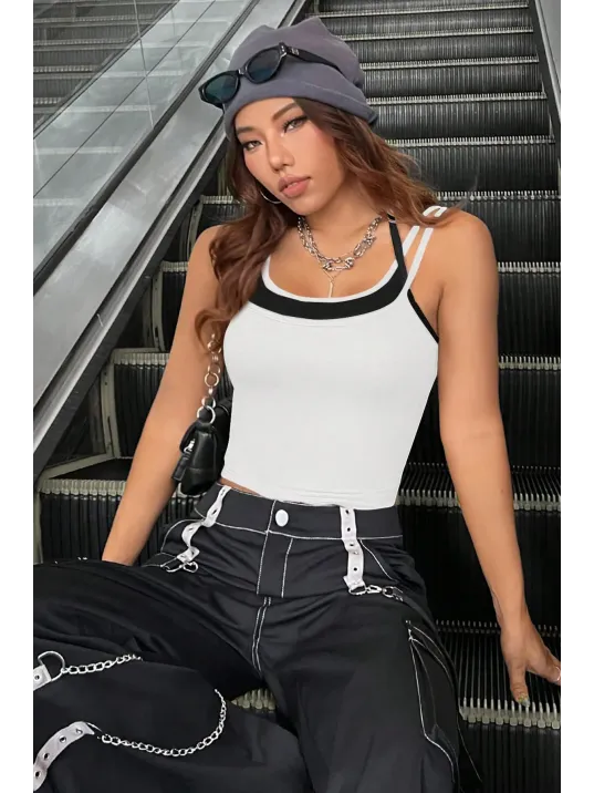 Kadın Siyah Beyaz Çift Renk Çapraz Askılı Crop Top Bluz