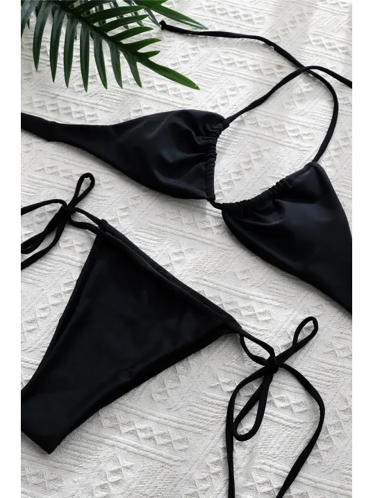 Kadın Siyah Yandan Bağlamalı Tangalı Üçgen Bikini Mayo Takımı – Modern, Konforlu Ve Günlük Kombinlere Uygun