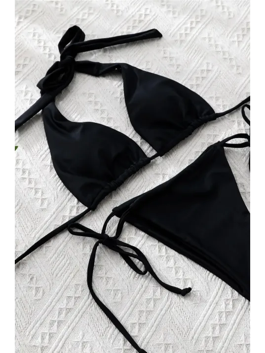 Kadın Siyah Yandan Bağlamalı Tangalı Üçgen Bikini Mayo Takımı – Modern, Konforlu Ve Günlük Kombinlere Uygun