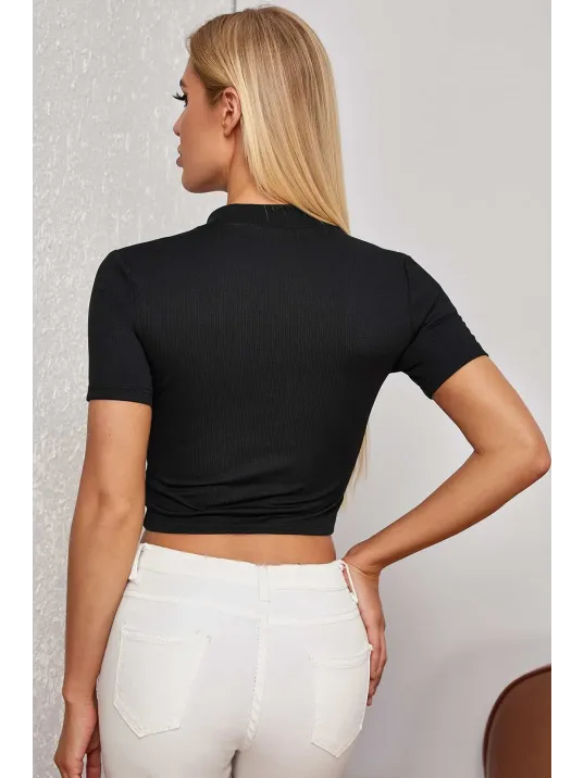 Kadın Siyah Yarım Fermuarlı Ve Kısa Kollu Crop Top Bluz
