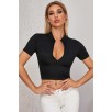 Kadın Siyah Yarım Fermuarlı ve Kısa Kollu Crop Top Bluz