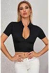 Kadın Siyah Yarım Fermuarlı Ve Kısa Kollu Crop Top Bluz