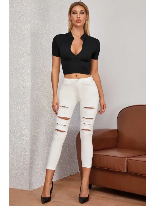 Kadın Siyah Yarım Fermuarlı Ve Kısa Kollu Crop Top Bluz