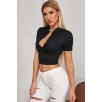 Kadın Siyah Yarım Fermuarlı ve Kısa Kollu Crop Top Bluz