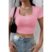 Kadın Pembe Yarım Kol Düz Yaka Crop Top Bluz – Şık, Rahat Ve Kolay Kombinlenebilir