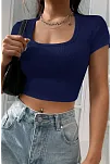 Kadın Lacivert Yarım Kol Düz Yaka Crop Top Bluz – Şık, Rahat Ve Kolay Kombinlenebilir