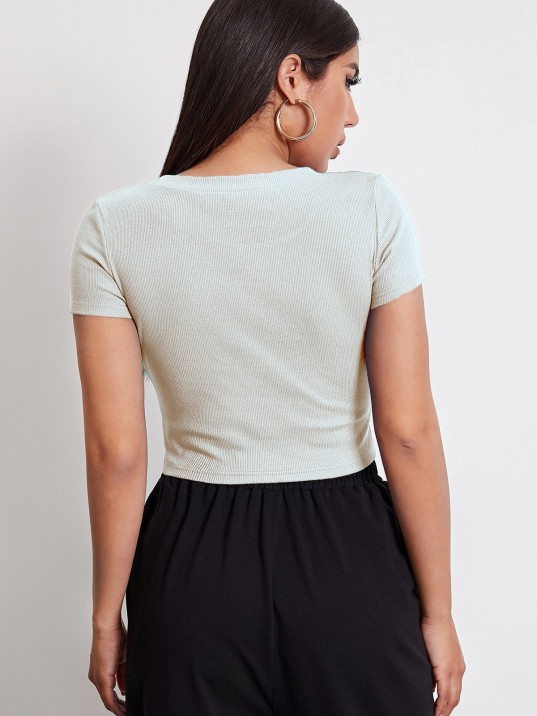 Kadın Beyaz Yuvarlak Yaka Yarım Kol Crop Top Bluz