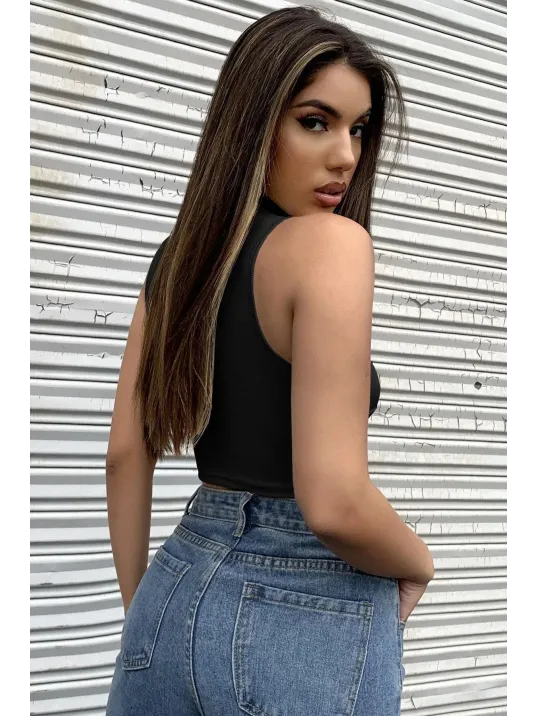 Kadın Siyah Yarım Fermuarlı Sıfır Kol Crop Top Bluz – Şık, Rahat Ve Kolay Kombinlenebilir