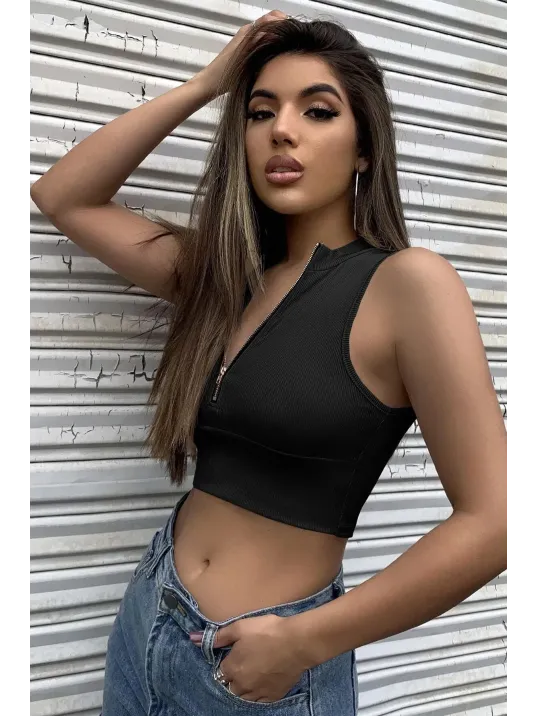 Kadın Siyah Yarım Fermuarlı Sıfır Kol Crop Top Bluz – Şık, Rahat Ve Kolay Kombinlenebilir