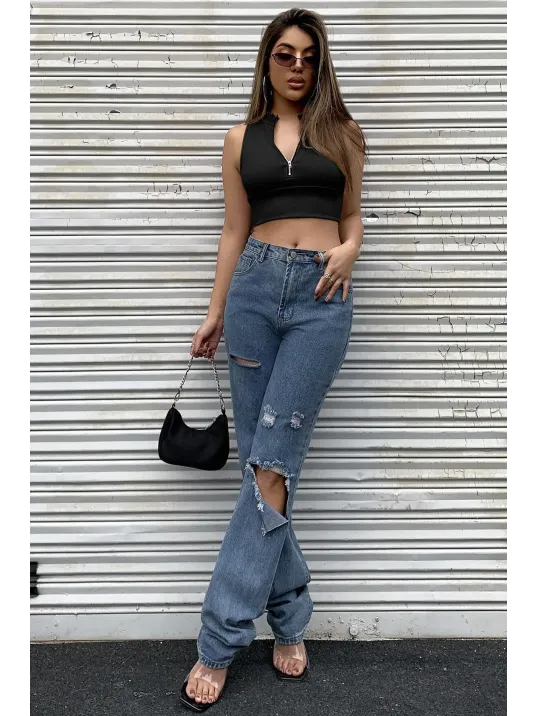 Kadın Siyah Yarım Fermuarlı Sıfır Kol Crop Top Bluz – Şık, Rahat Ve Kolay Kombinlenebilir