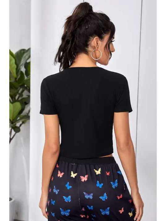 Kadın Siyah Çift Fermuarlı Yarım Kol Crop Top Bluz – Şık, Rahat Ve Kolay Kombinlenebilir